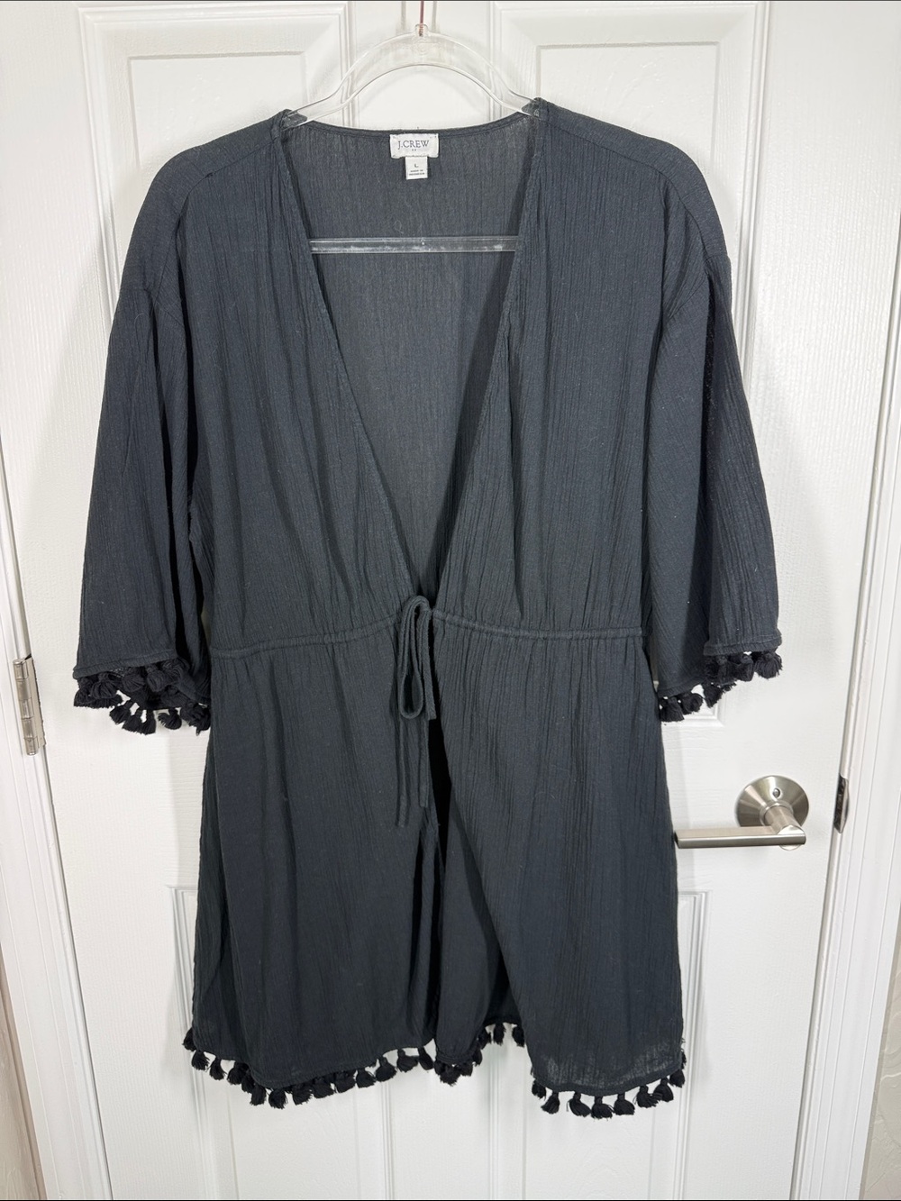 J Crew black cotton tassel tie front bathing suit swim coverup kimono size large